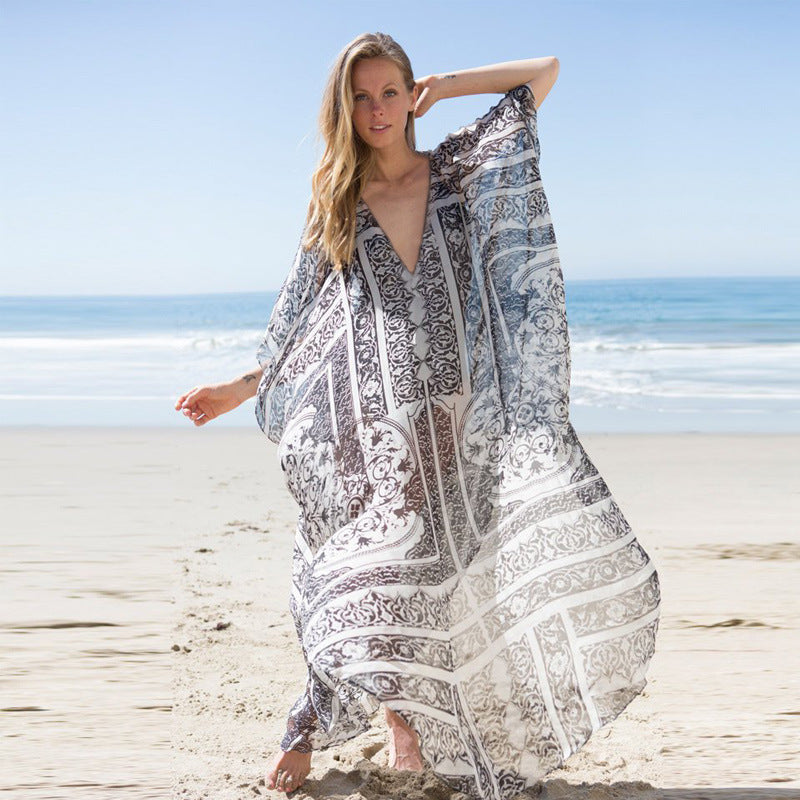 Damask Print Sheer Chiffon Kaftan Beach Cover-Up