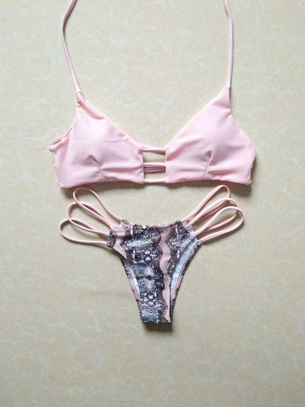 Women's Pink Snake Print Strappy Bikini Set