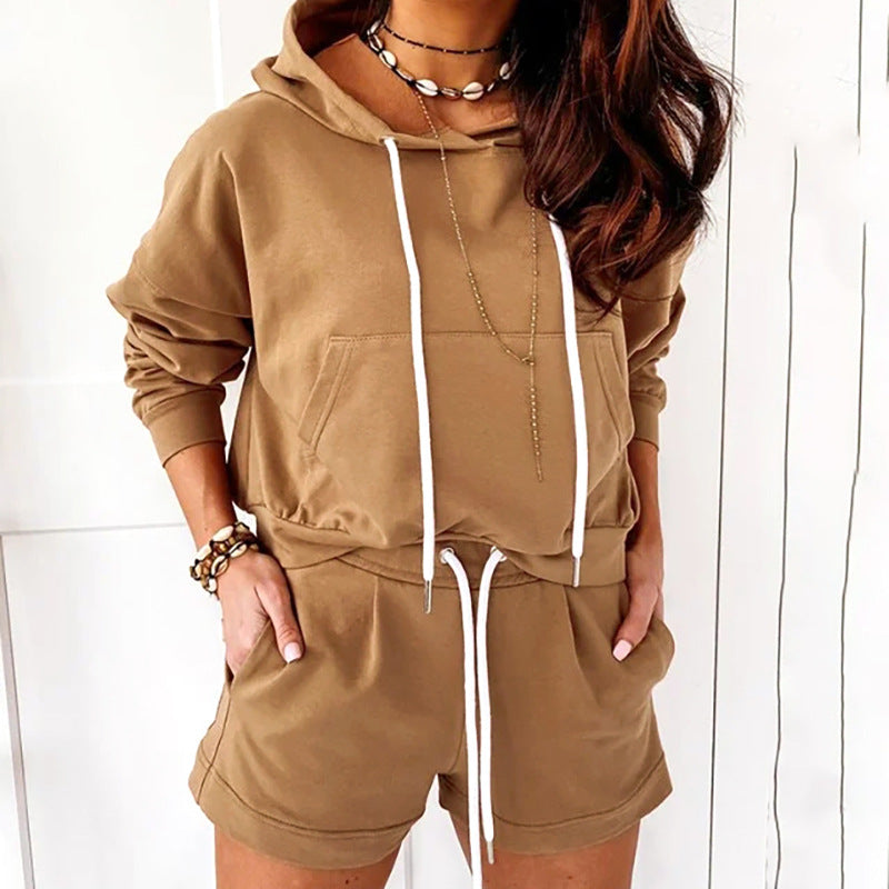Women's Casual Long Sleeve Hoodie and Shorts Set