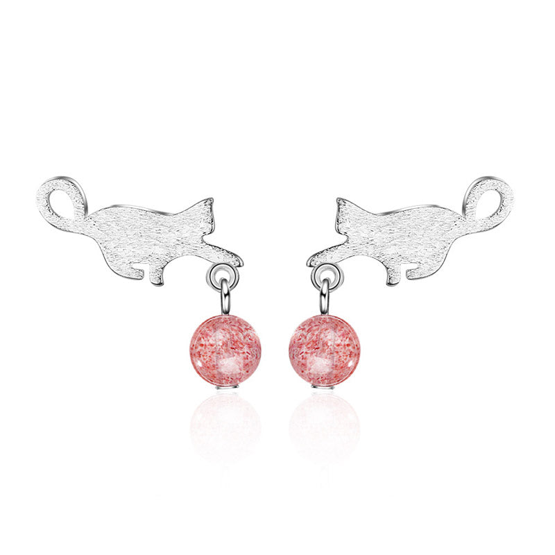 Silver Cat Tassel Stud Earrings with AAA Zircon