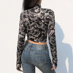 Dragon Print Long Sleeve Crop Top with High Neck