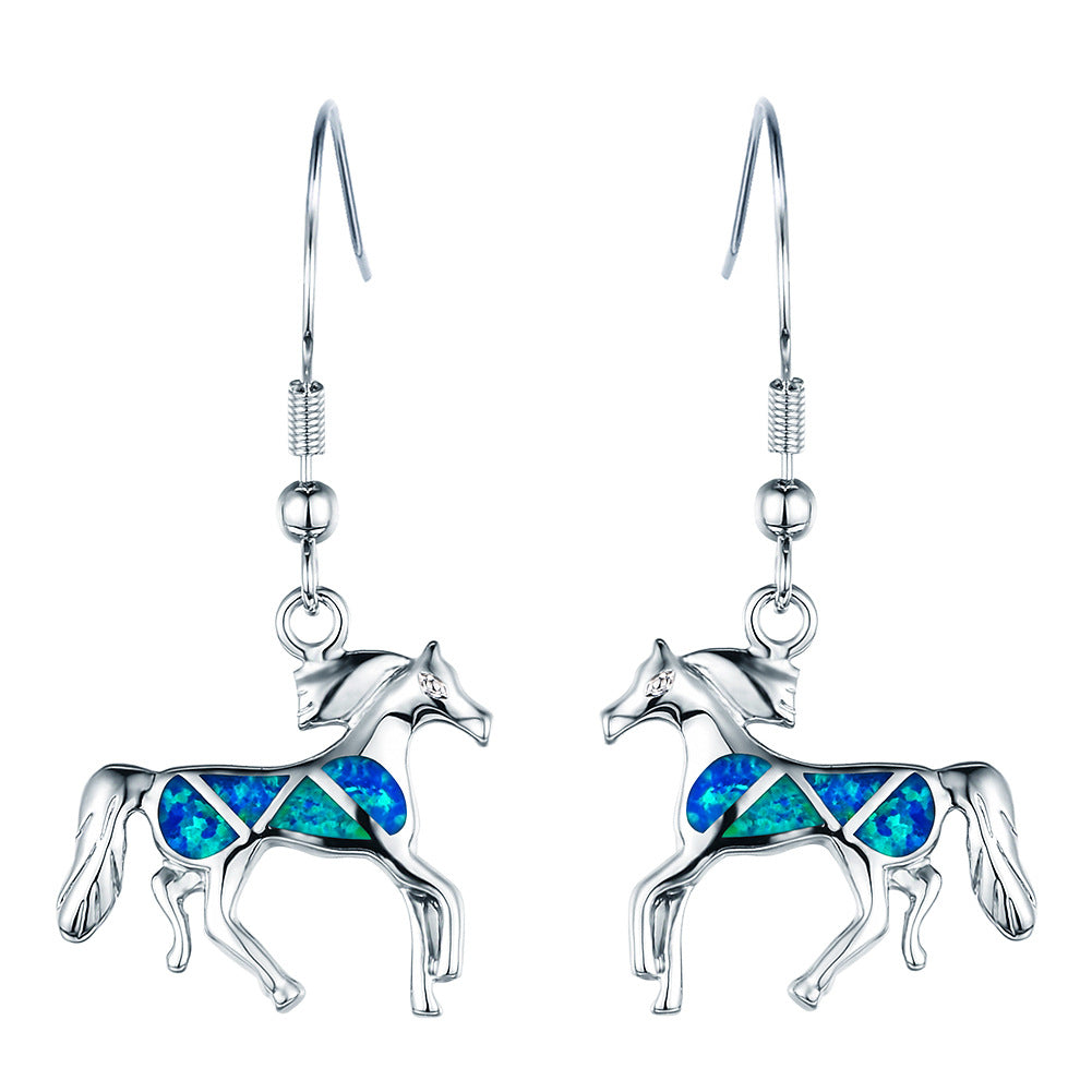 Animal-Themed Blue Opal Horse Earrings in Silver Boho Style