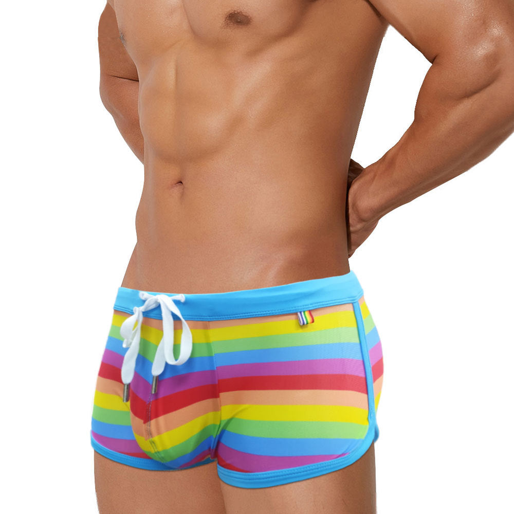 Men's Rainbow Stripe Drawstring Swim Trunks