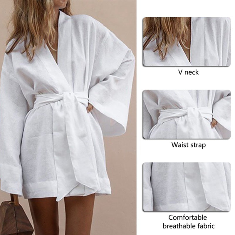 Summer Women's Short Sleeve Tie Cardigan and Shorts Set