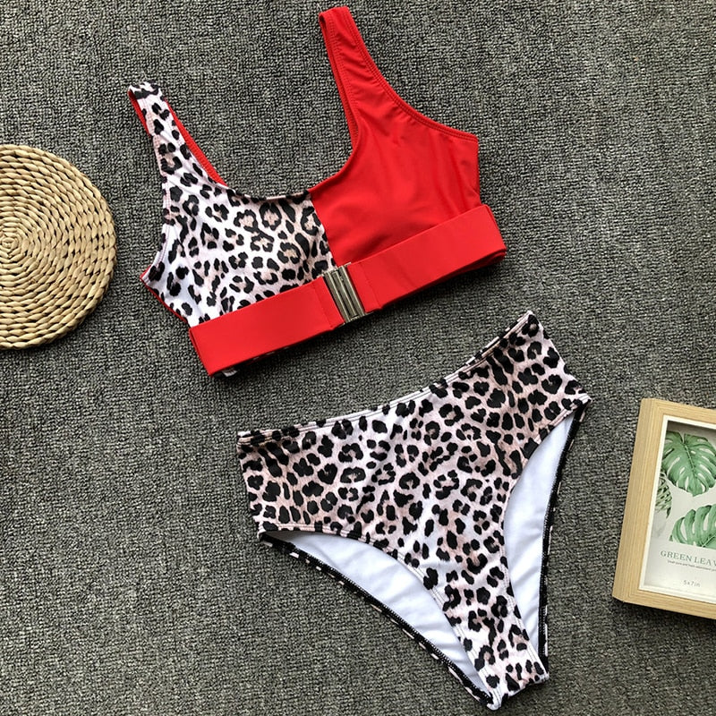 One-Shoulder Leopard Colorblock Bikini Set