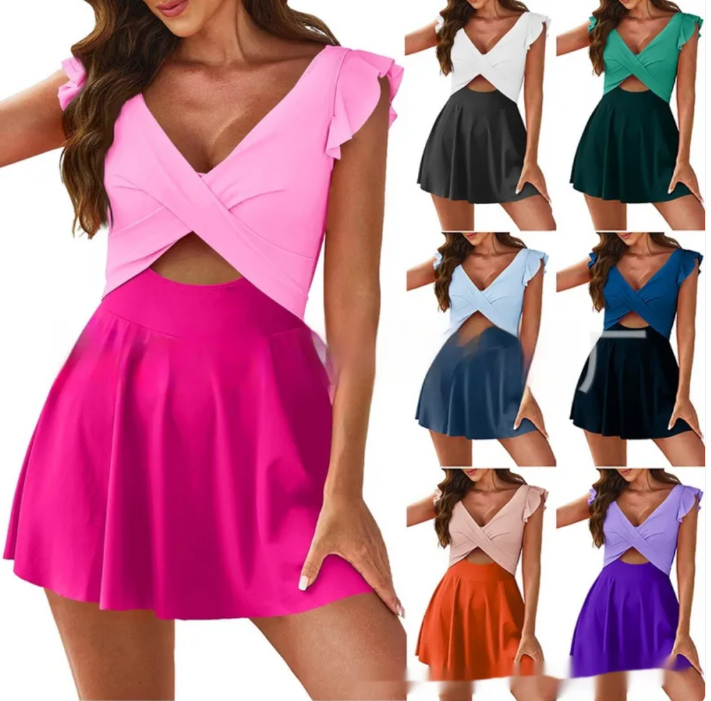 Cross-Front Ruffle Swim Dress