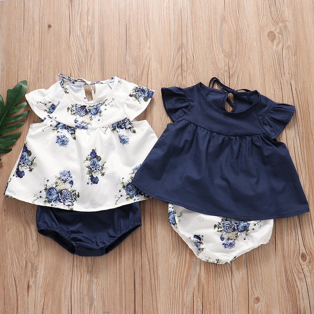 2019 Girls' White Printed Top with Denim Shorts Set