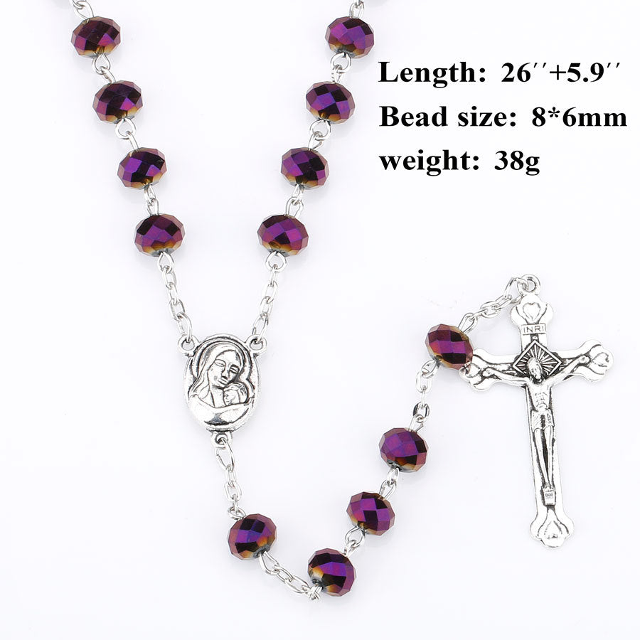 Catholic Beaded Necklace with Purple Glass Crucifix