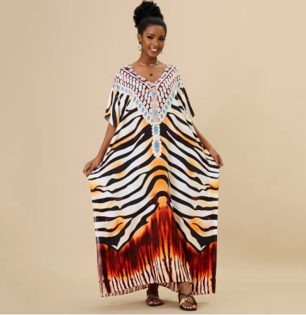 Animal Print Long Kaftan Beach Cover-Up Dress