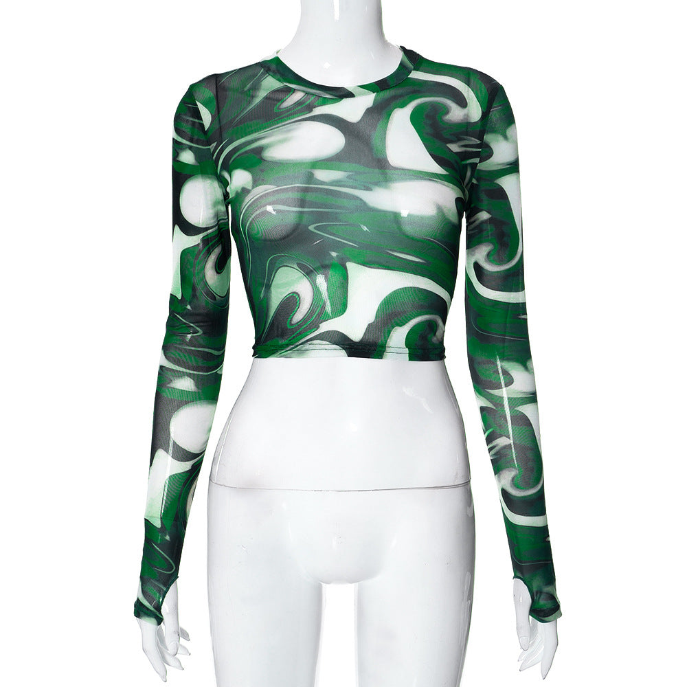 Q21TP574 Women's Casual Autumn Crop Top with Print