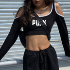 Crop Top T-Shirt with Shoulder Letter Print by PUNKT