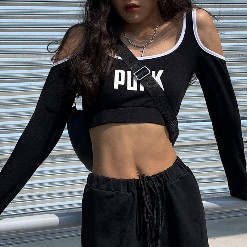 Crop Top T-Shirt with Shoulder Letter Print by PUNKT