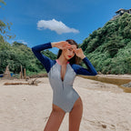 Korean Style Long Sleeve Color Block Backless Swimsuit