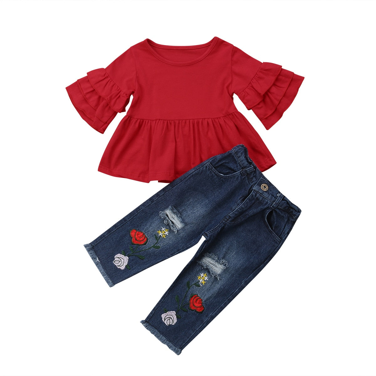 Lace Set with Embroidered Denim Pants Ensemble