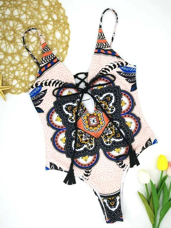Boho Mandala Print Lace-Up Plunge One-Piece Swimsuit