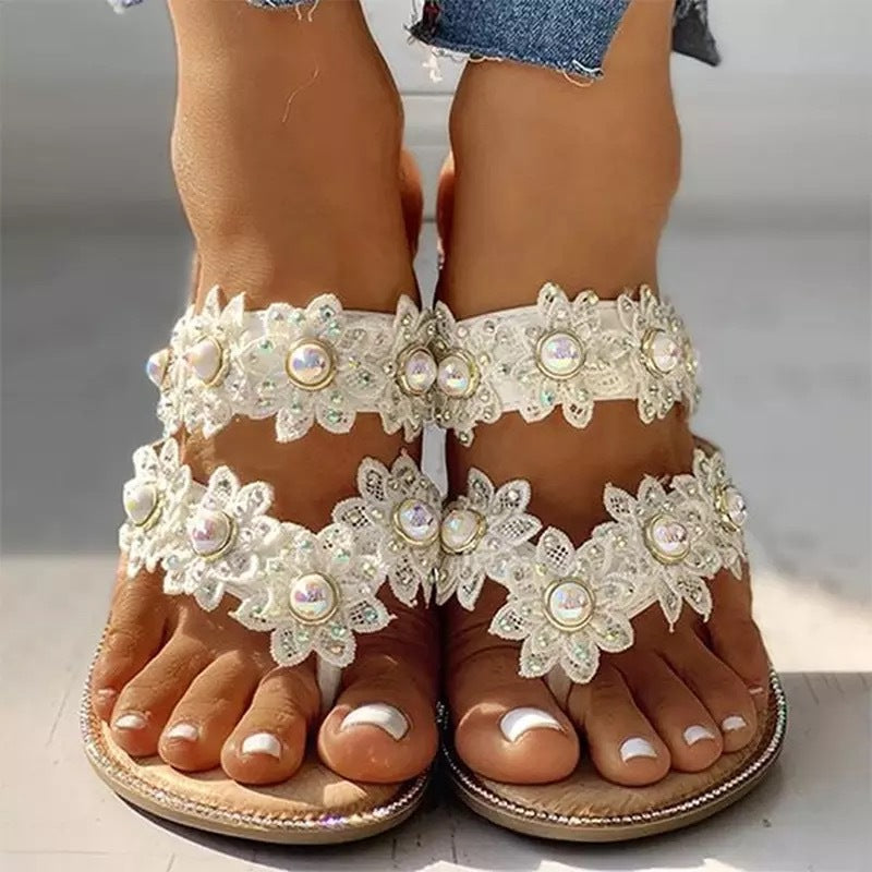 Plus Size Women's Flat Flower Thong Sandals 40-43