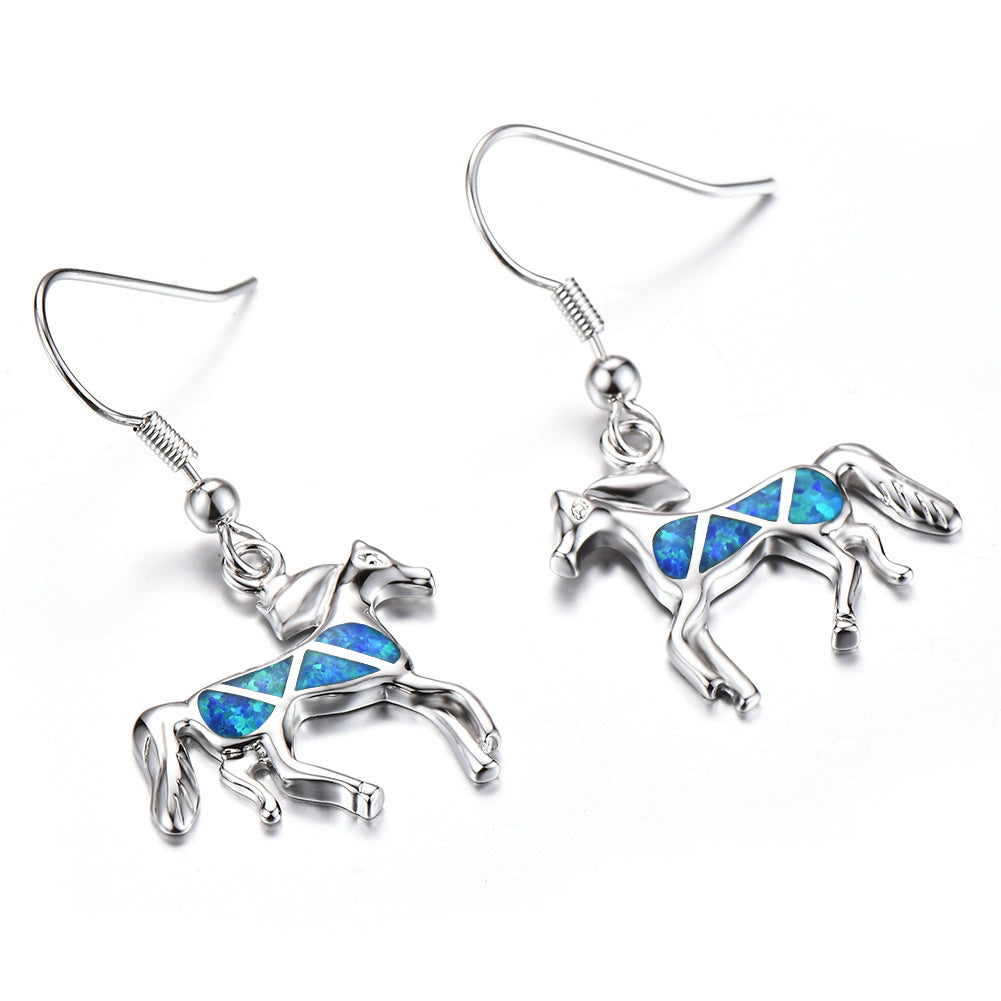Animal-Themed Blue Opal Horse Earrings in Silver Boho Style
