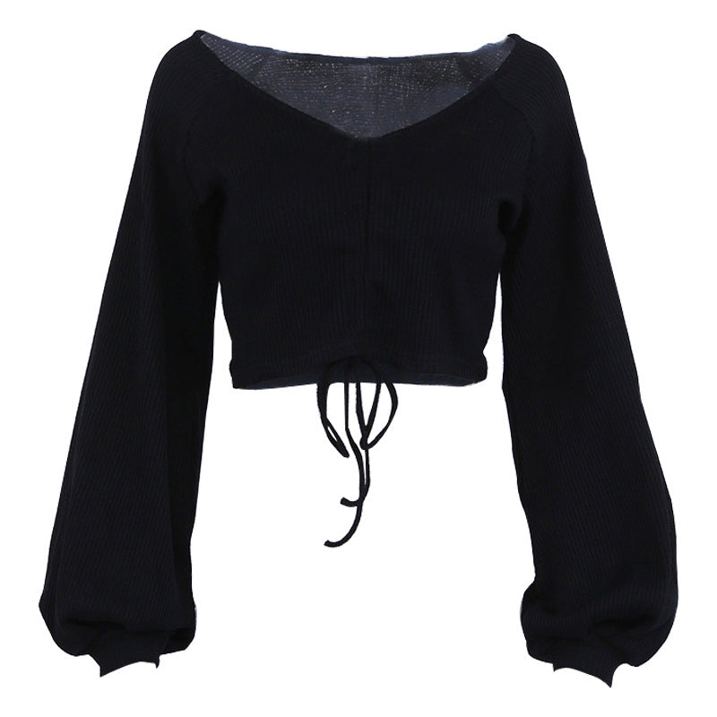 V-Neck Lantern Sleeve Crop Top for Women