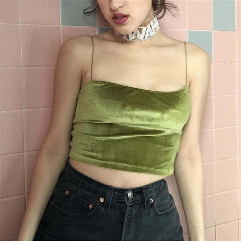 Velvet Short Strapless Green Tank Top for Women
