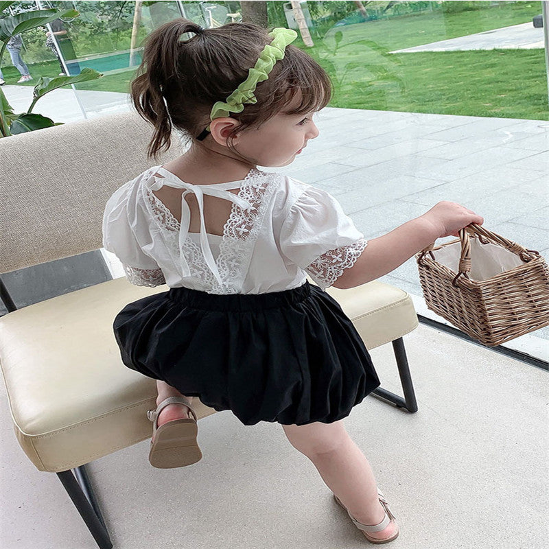 Girls' Summer Lace Top & Bubble Shorts Set (Ages 3-8)