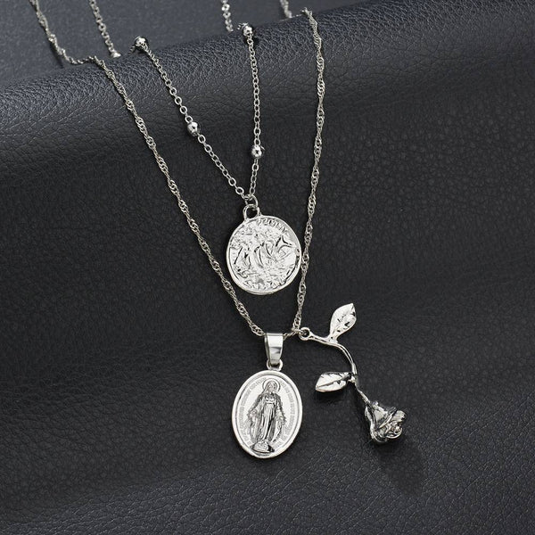 Vintage Geometric Rose Jesus Pendant Necklace for Women | Christian Jewelry