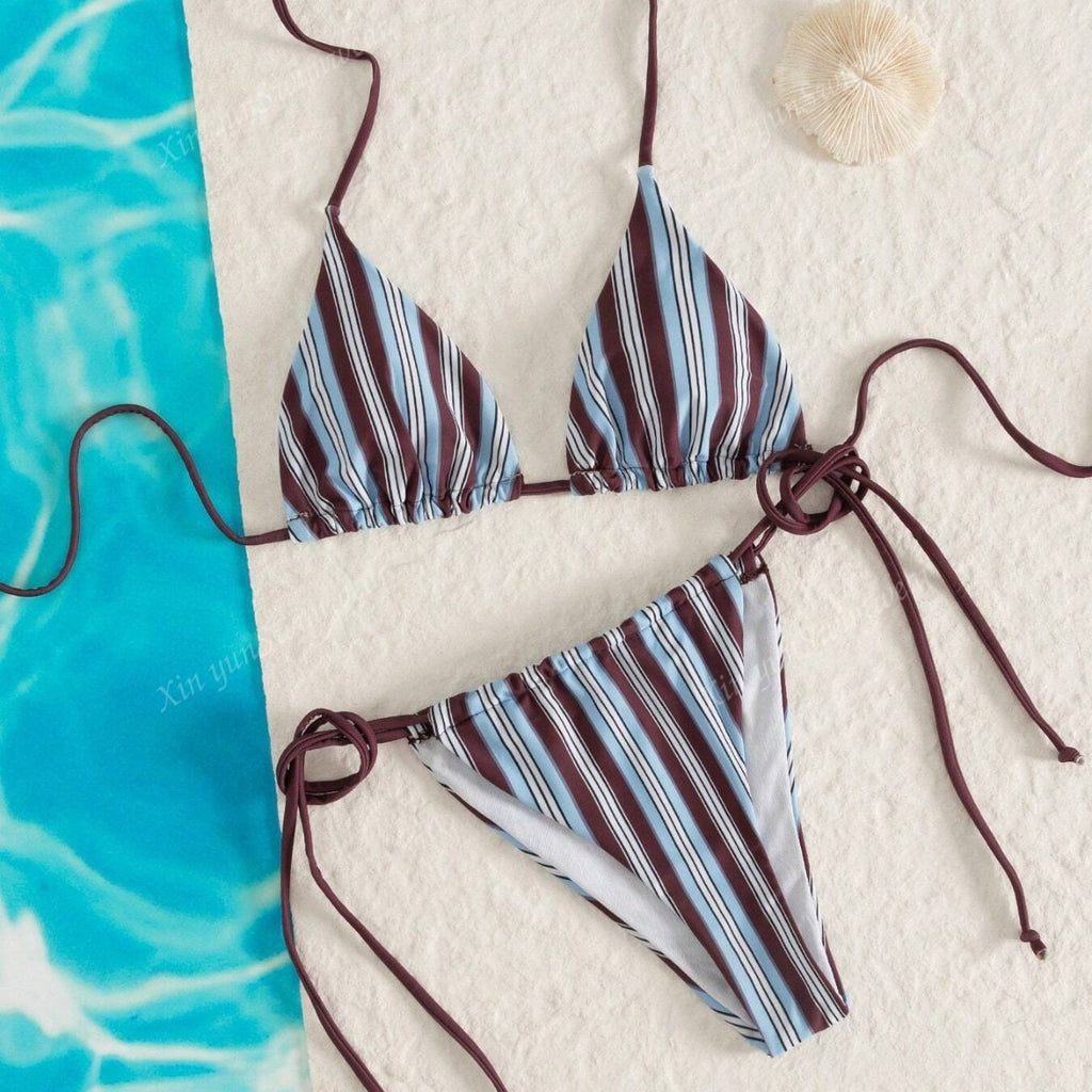 Women's Blue Striped Tie-Dye Bikini Set