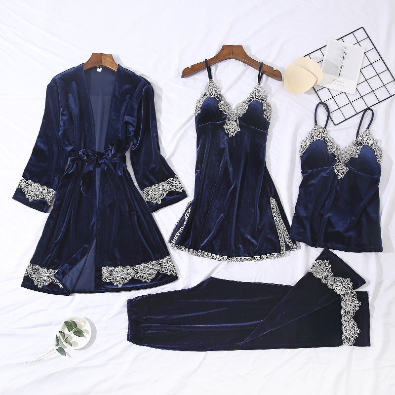 Lace Trim Velvet Long Sleeve Sleepwear Set for Women
