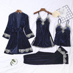 Lace Trim Velvet Long Sleeve Sleepwear Set for Women