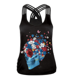 Skull Digital Print Women's Tank Top with Cross Straps