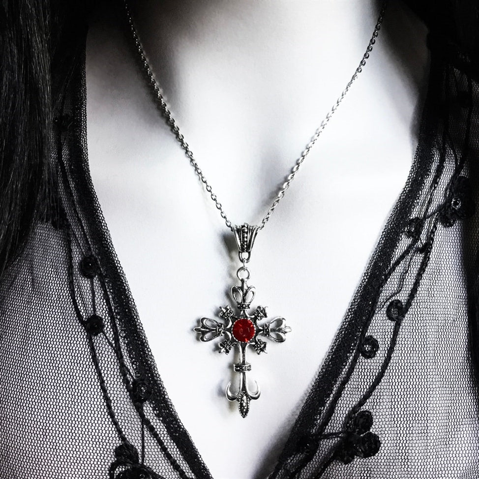 Large Silver Baroque Christian Cross Necklace with Crystals | Christian Jewelry