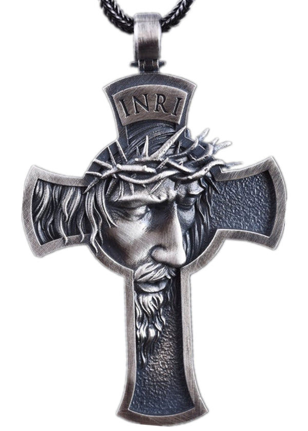 Vintage Jesus Cross Necklace with Leather Cord | Christian Jewelry