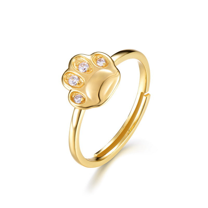 Silver Cute Cat Paw Open Ring with Zircon Design