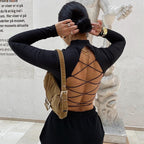 Cross-Back Long Sleeve Crop Top with High Waist