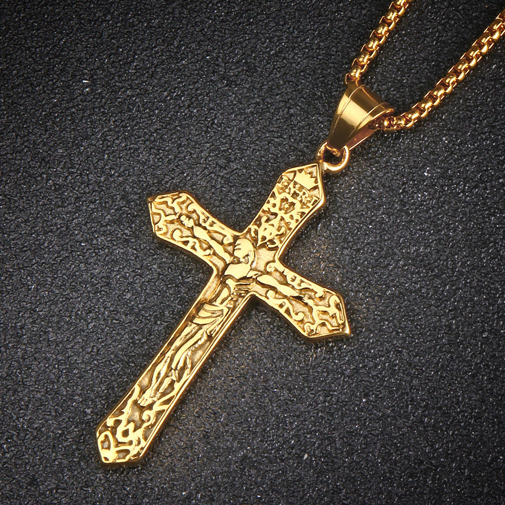 Jesus Cross Pendant Necklace for Men - Titanium Steel Christian Jewelry
