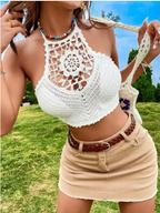 Embroidered Knit Halterneck Crop Top Vest