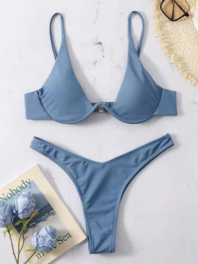 Two-Piece Steel Bracket Solid Color Bikini Swimsuit