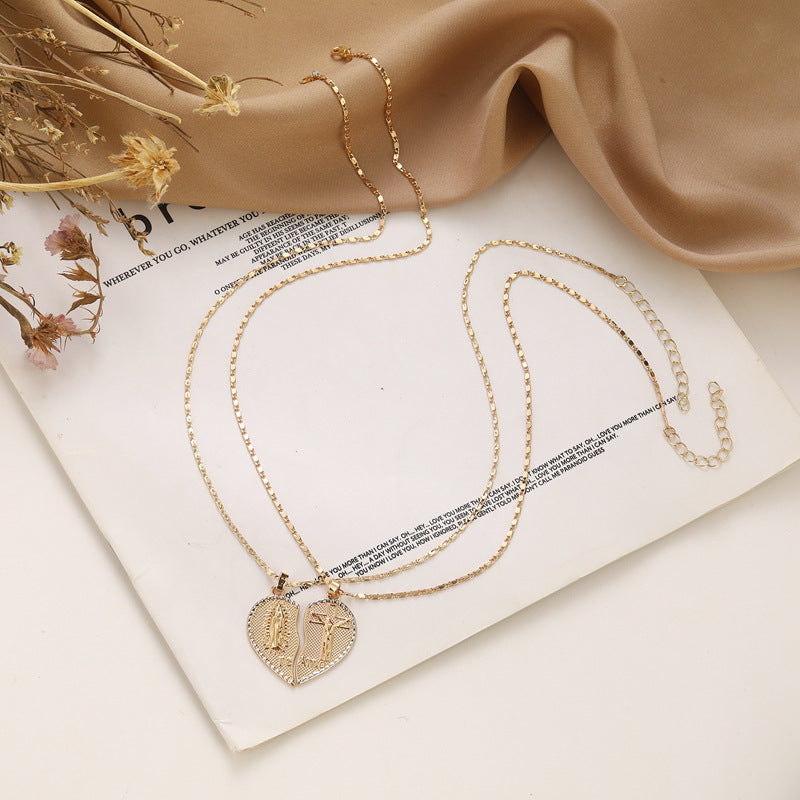 Gold Plated Two-Half Jesus Heart Pendant Necklace