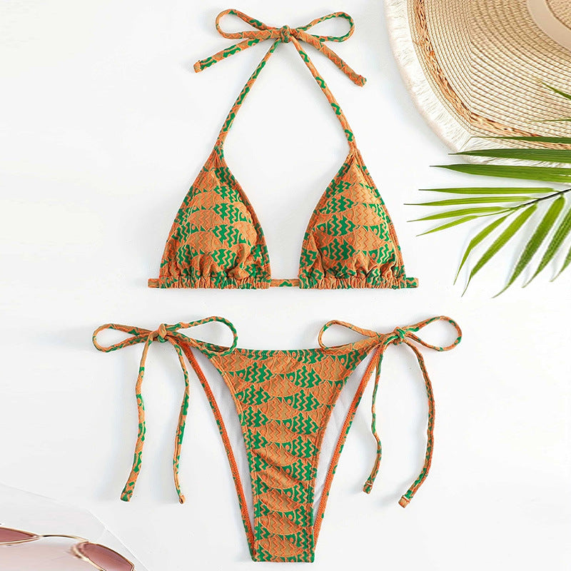 Geometric Print Strappy Triangle Bikini Set