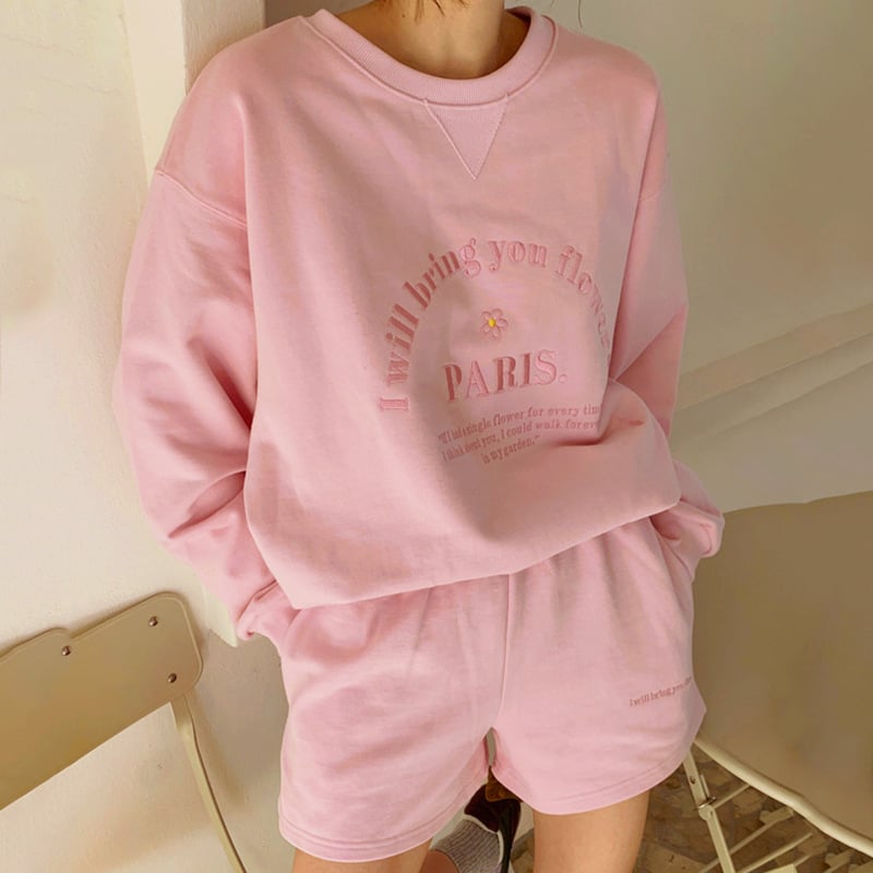 Embroidered Letter Sweater and Shorts Set for Women