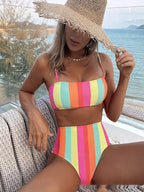 Rainbow Stripe High-Waist Bikini Set