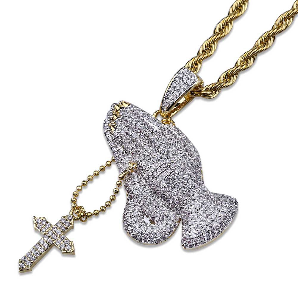 Vintage Cross Prayer Gesture Necklace with Zircon Stones