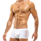Men's White Mesh-Panel Low-Rise Swim Trunks