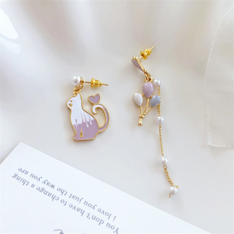 Korean Silver Cat Balloon Asymmetric Earrings