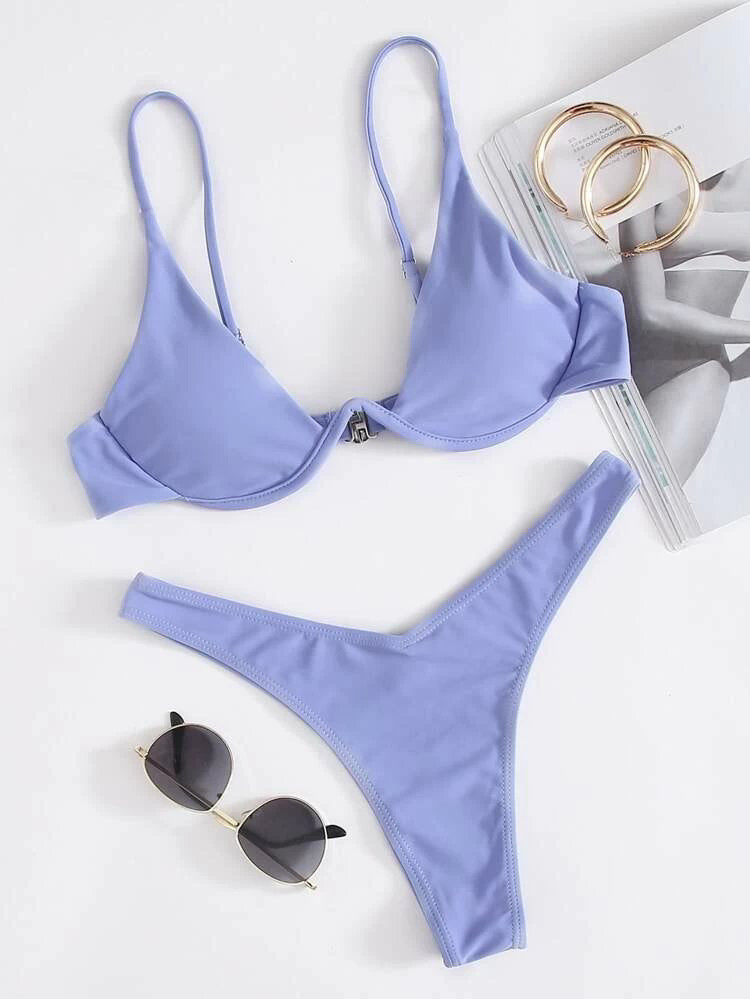 Two-Piece Steel Bracket Solid Color Bikini Swimsuit
