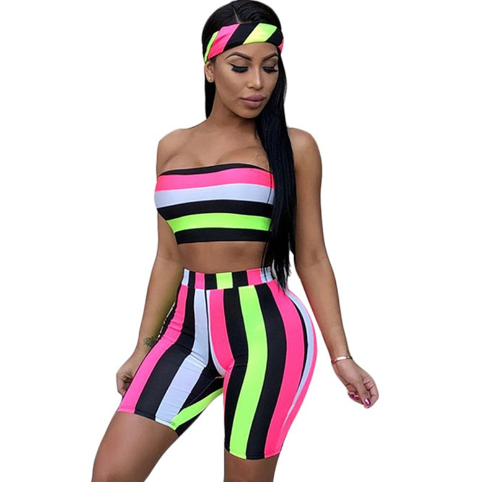 Colorful Striped Crop Top and Shorts Set (3 Pieces)