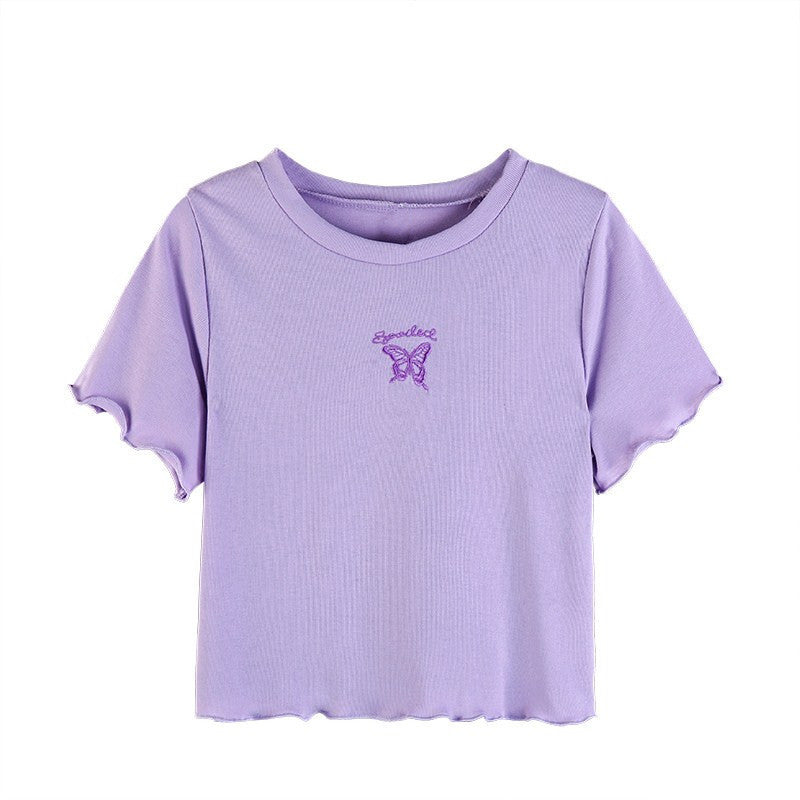Embroidered Butterfly Short Sleeve Crop Top for Women