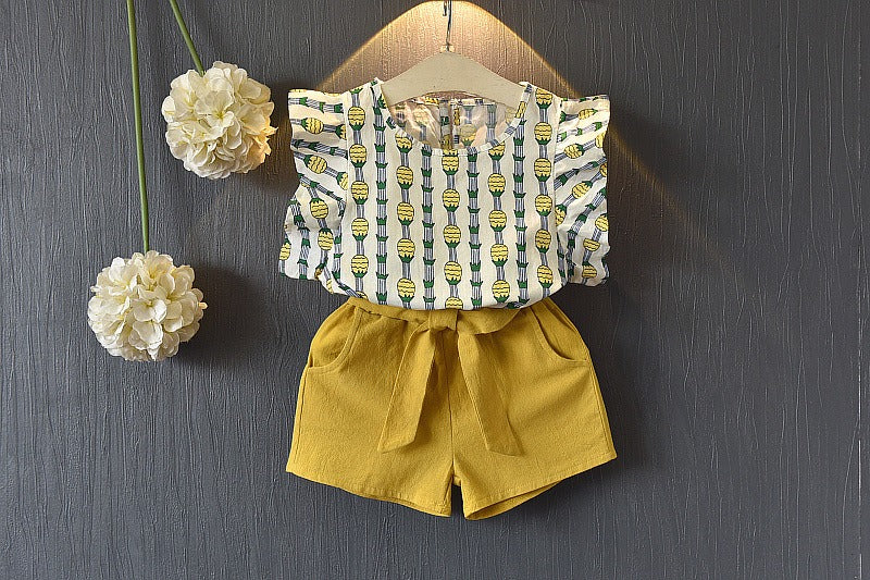 Girls Pineapple Sleeve Shorts Set