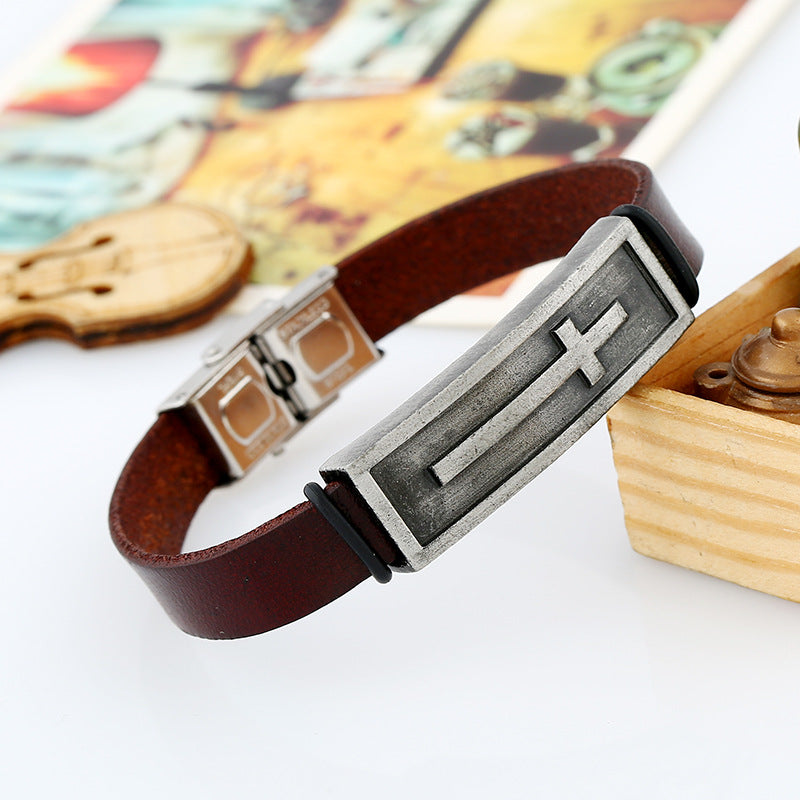 Leather Men's Bracelet with Cross Design