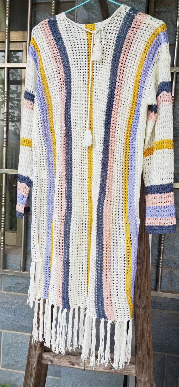 Knit Fringe Hollow Stripe Beach Dress and Cover-Up