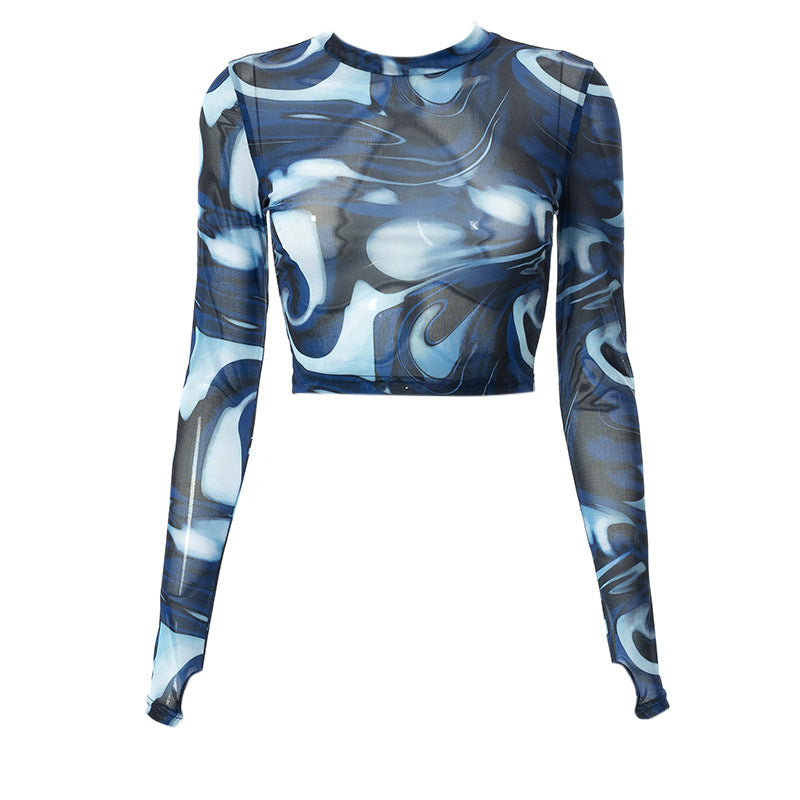 Q21TP574 Women's Casual Autumn Crop Top with Print
